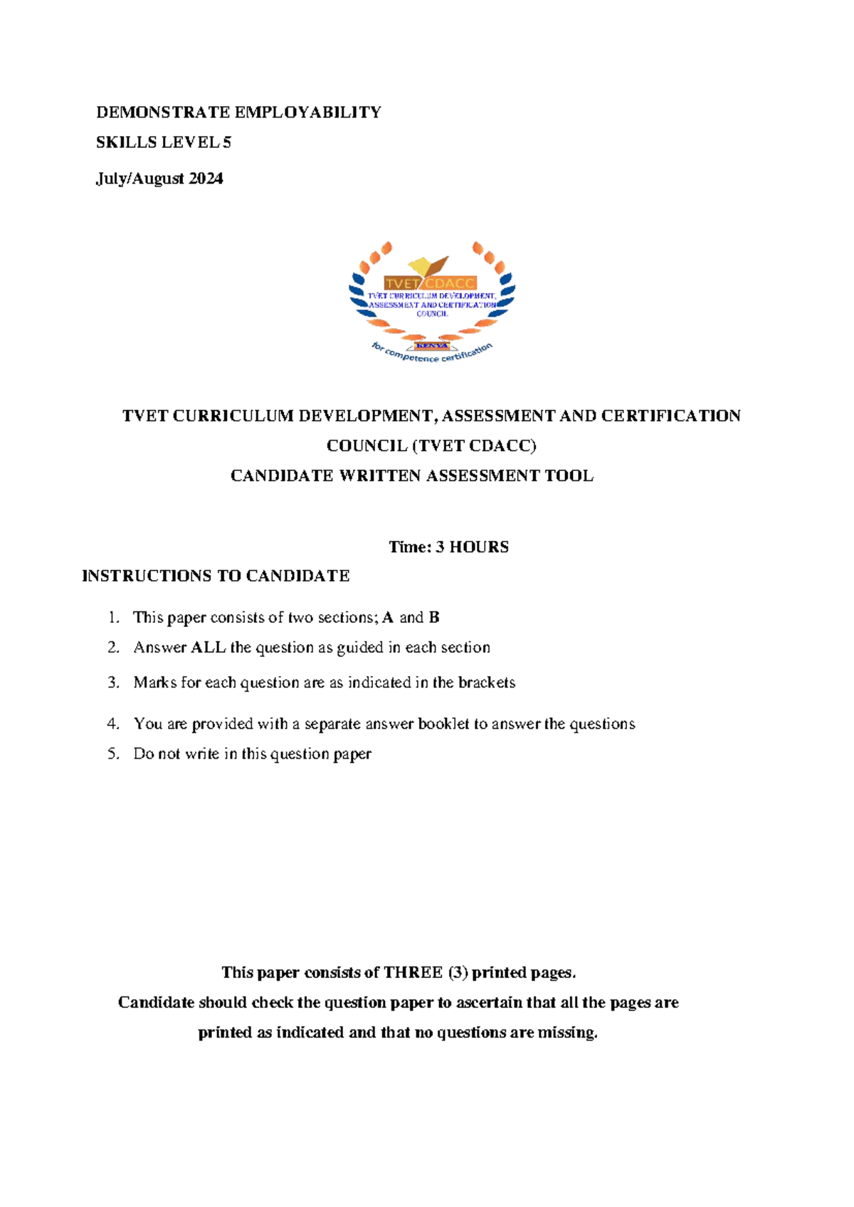 Employability Skills Level 5 Assessment Tool - TVET CDACC 2024 - Studocu