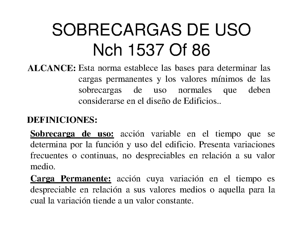 Sobrecarga de Uso en Edificios - Norma Nch 1537 CI32B Apuntes - Studocu