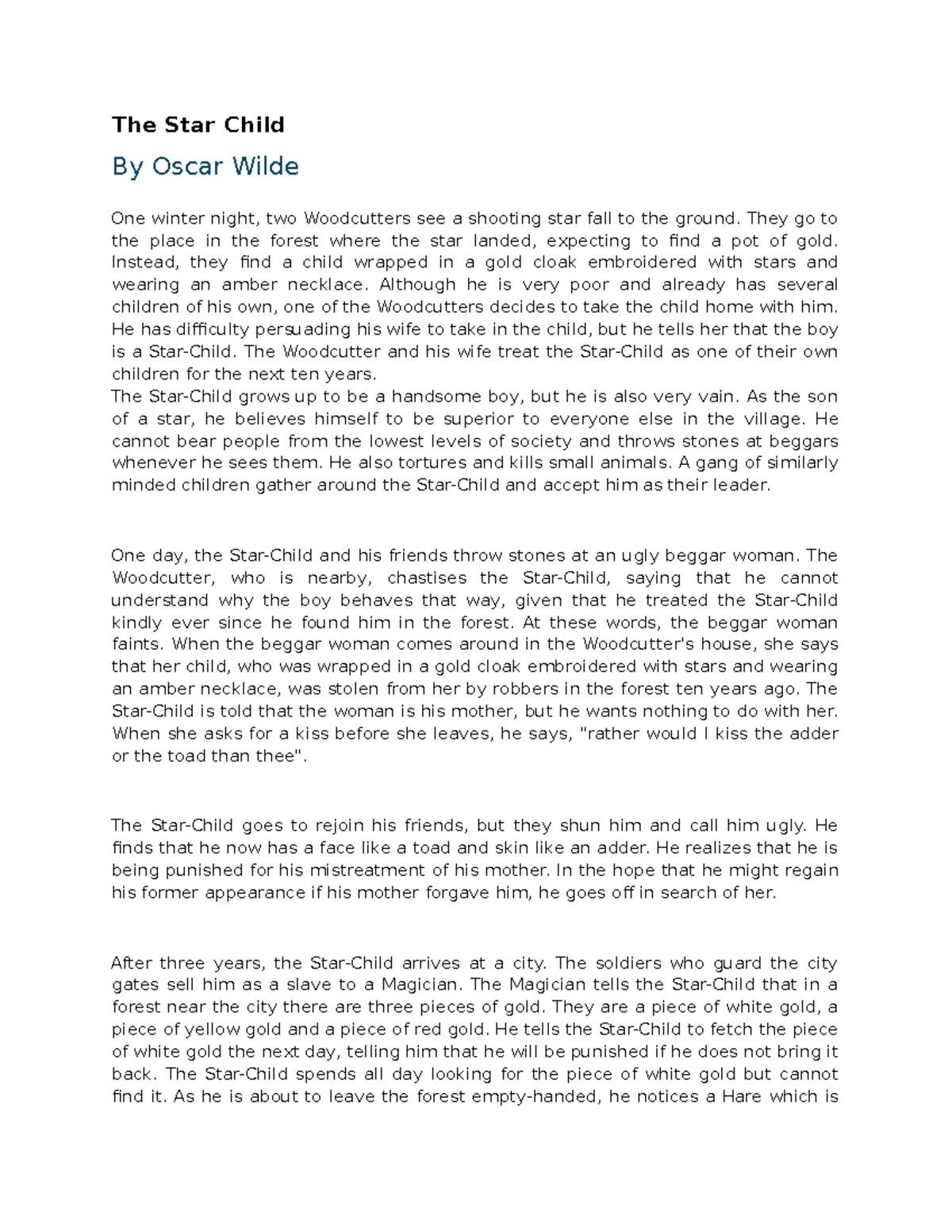The Star Child - Summary of Oscar Wilde's Tale - Studocu