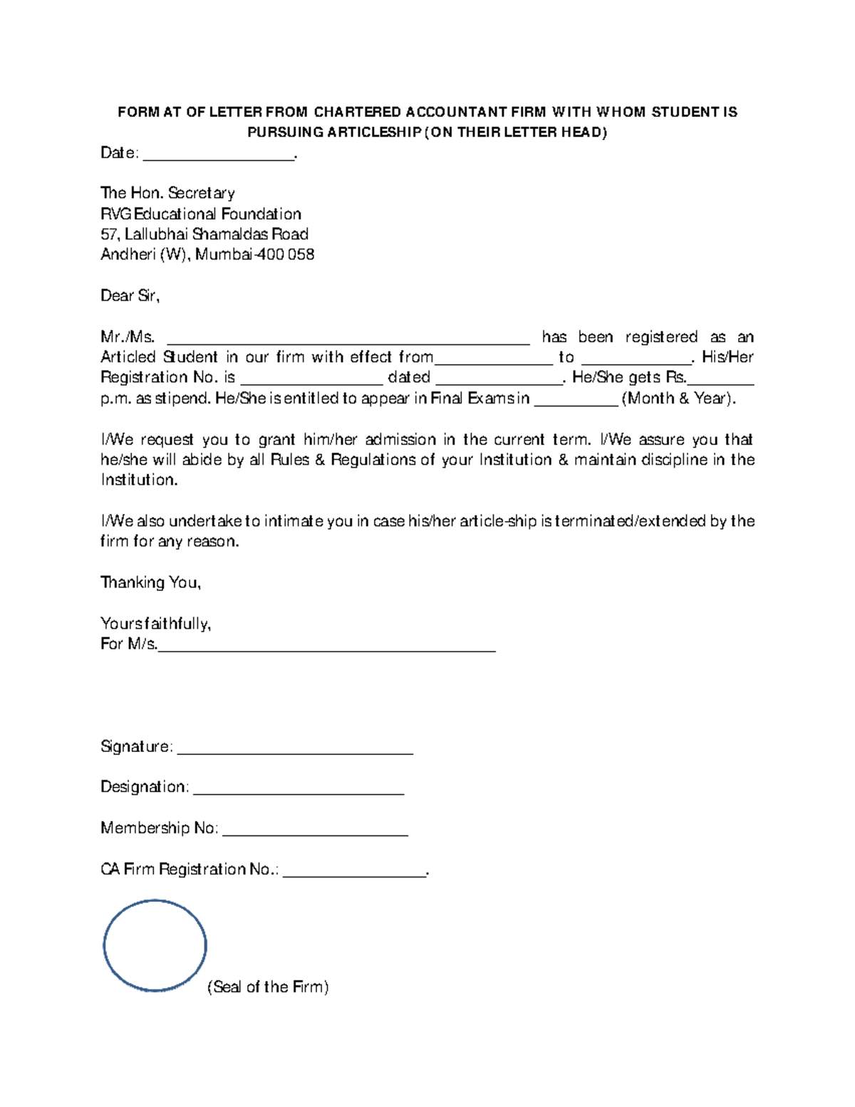 Letter Format for CA Firm - Article Student Registration - Studocu