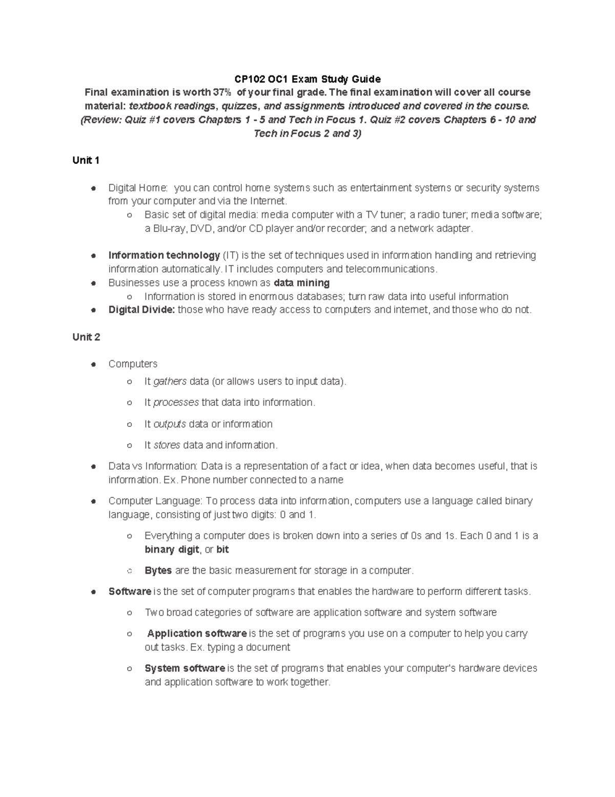Final Exam Study Guide for CP102: Essential Topics & Quiz Prep - Studocu