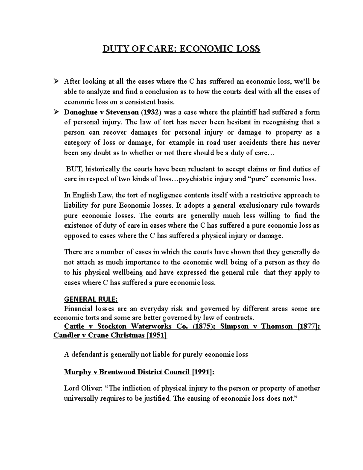 Duty of Care and Pure Economic Loss: An In-Depth Analysis - Studocu