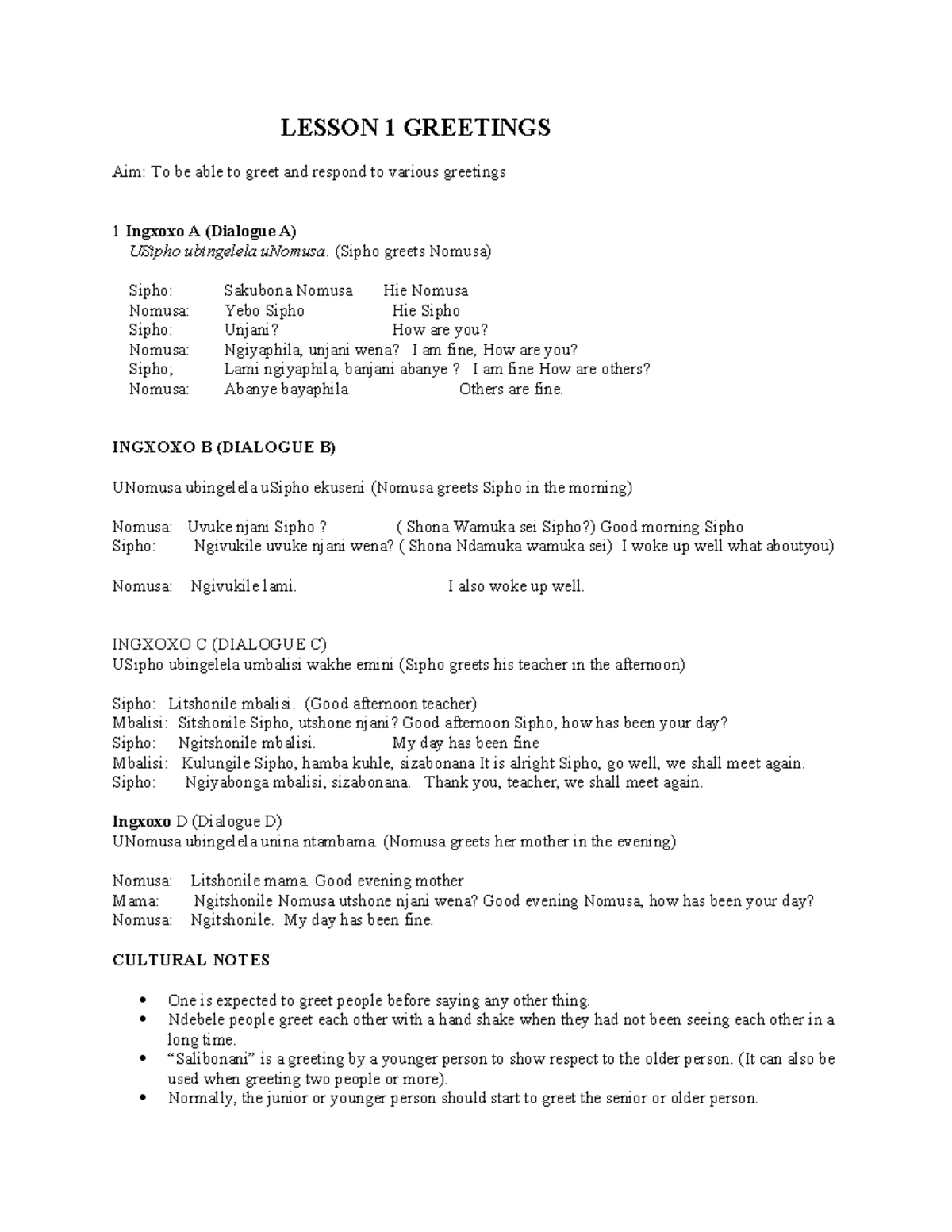 LESSON 1 GREETINGS - Ndebele Language Notes - Studocu