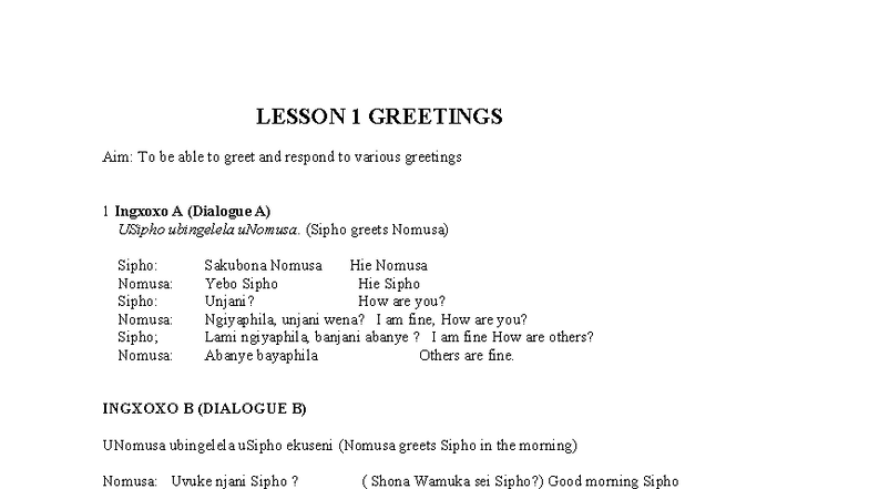 LESSON 1 GREETINGS - Ndebele Language Notes - Studocu