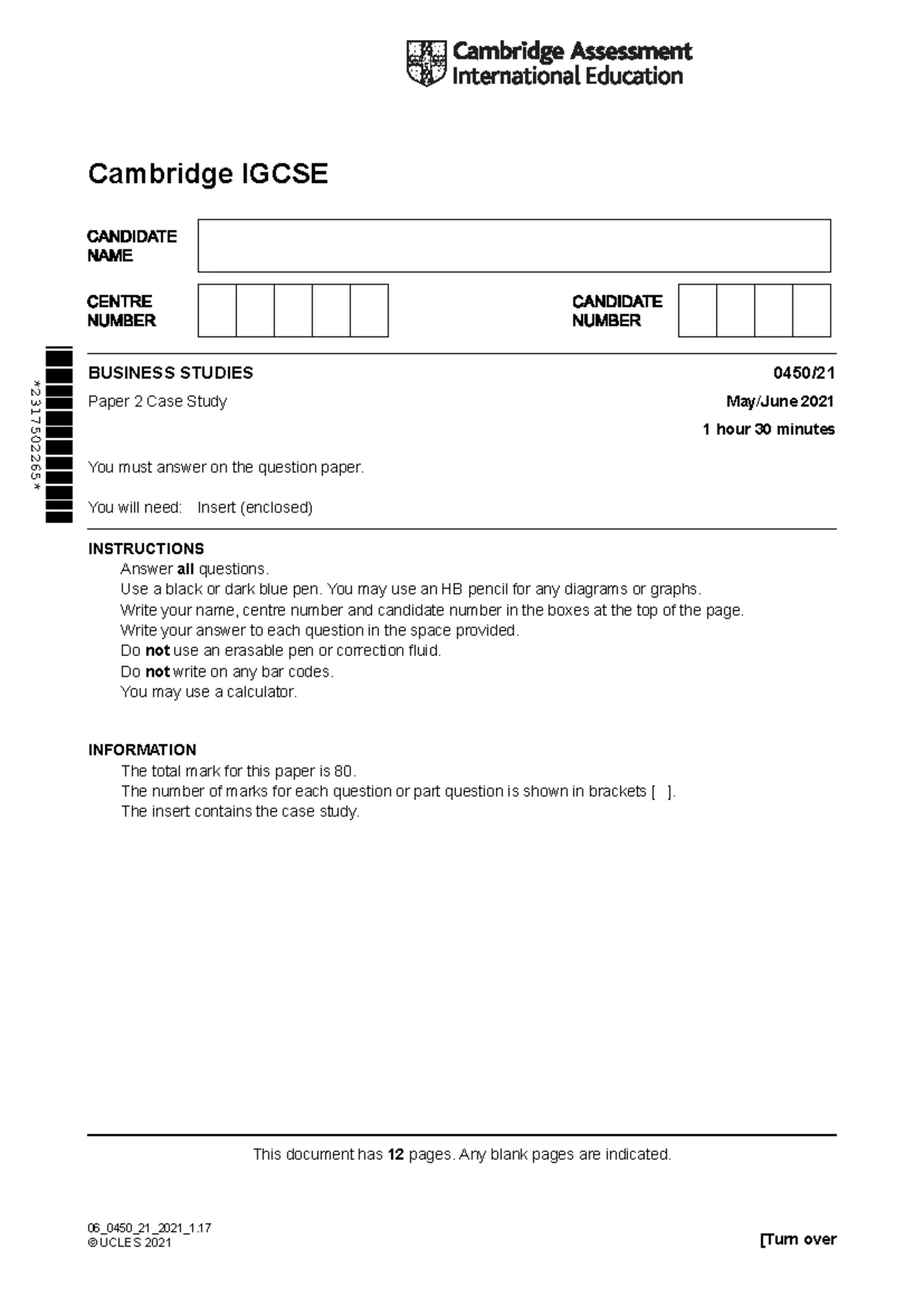 Cambridge IGCSE Business Studies 0450 Paper 1 Short Response Mark ...