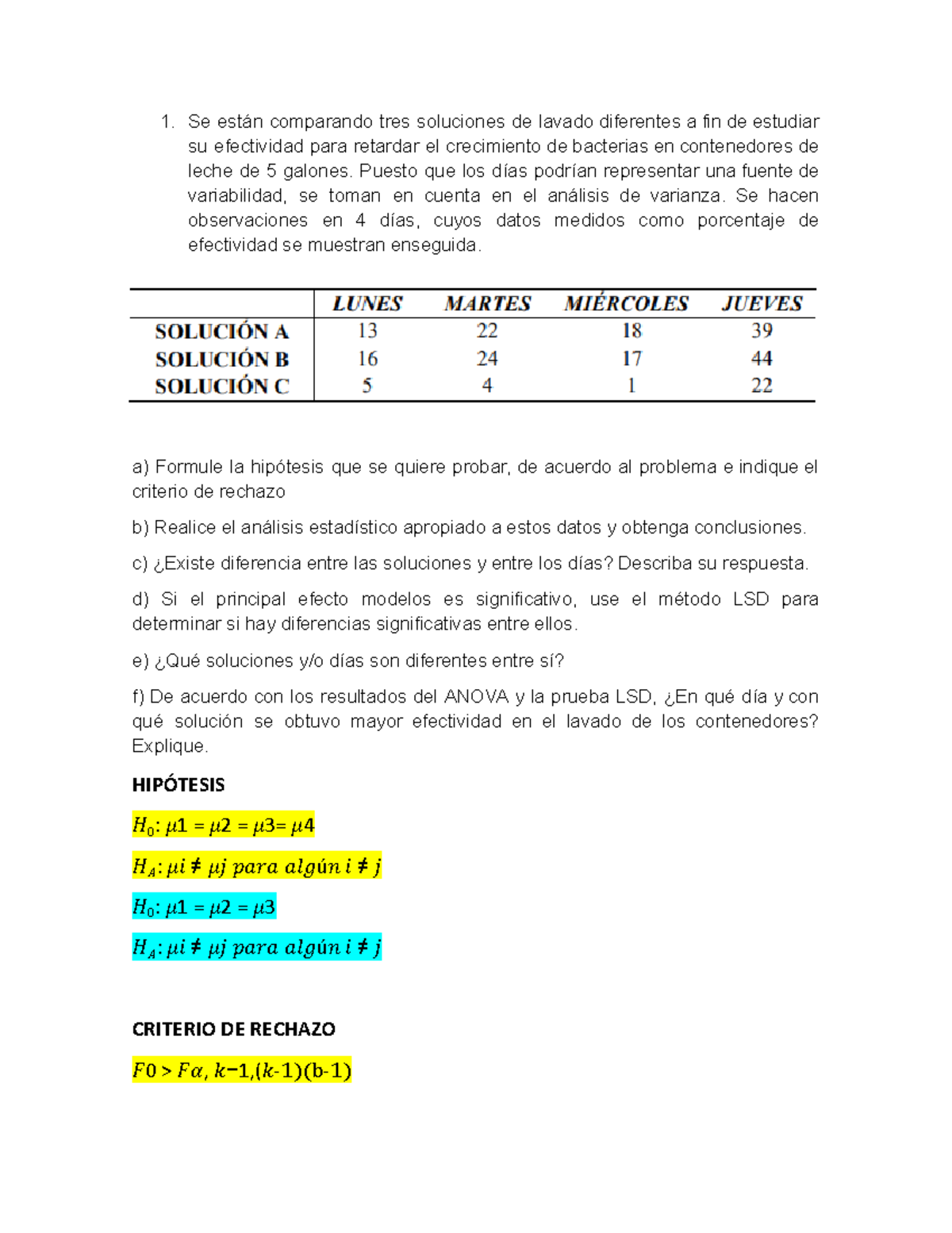 Ejercicios de ANOVA en Diseño de Bloques Completamente al Azar - Document Preview