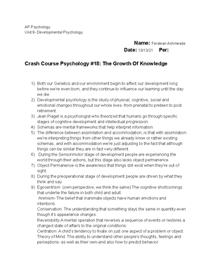 Crash Course 18 this was a coursework assignment with Prof. Vincent Walker AP Psychology Unit Studocu