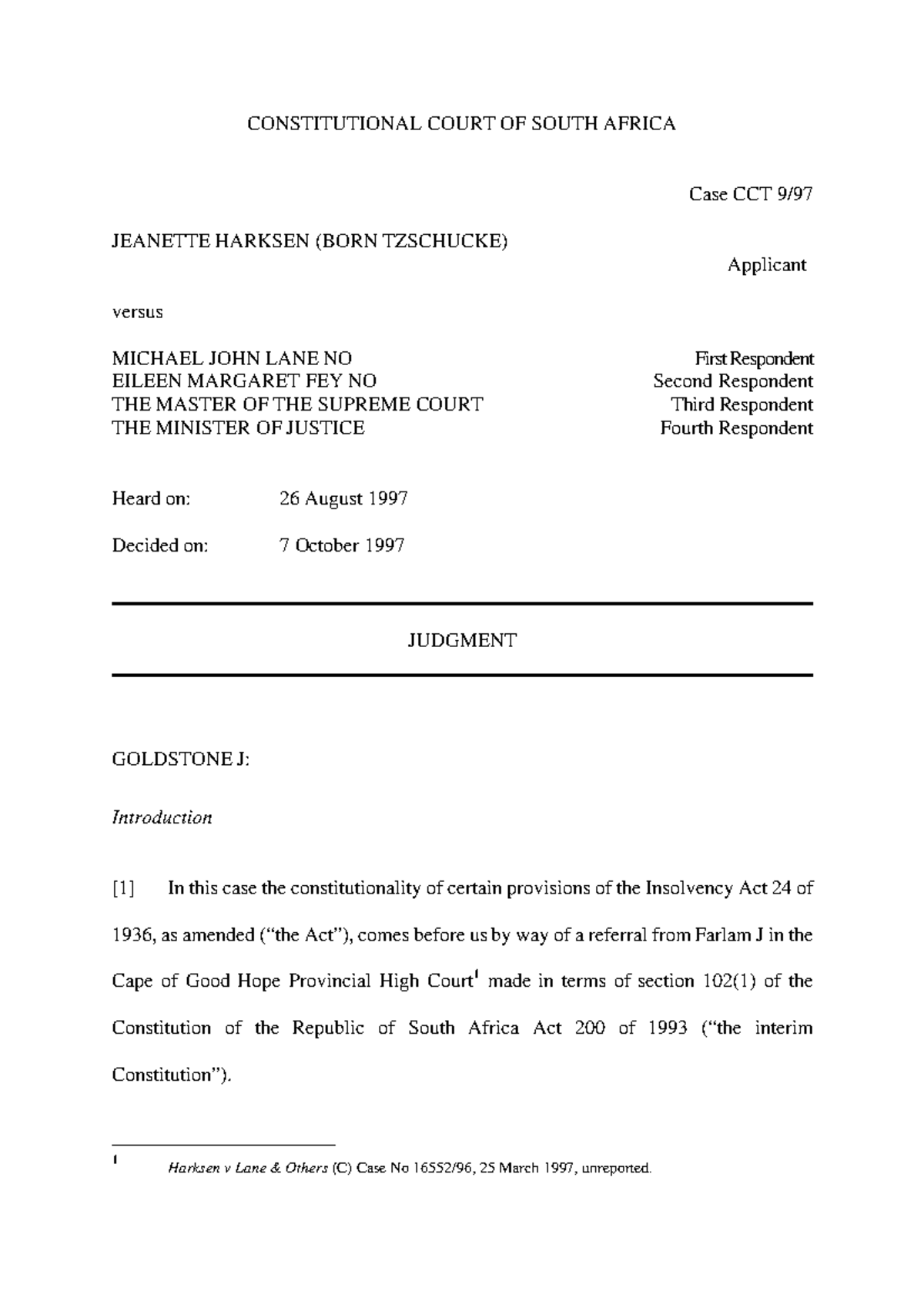 Harksen v Lane 1998 (1) SA 300 (CC) - Constitutional Challenge on ...