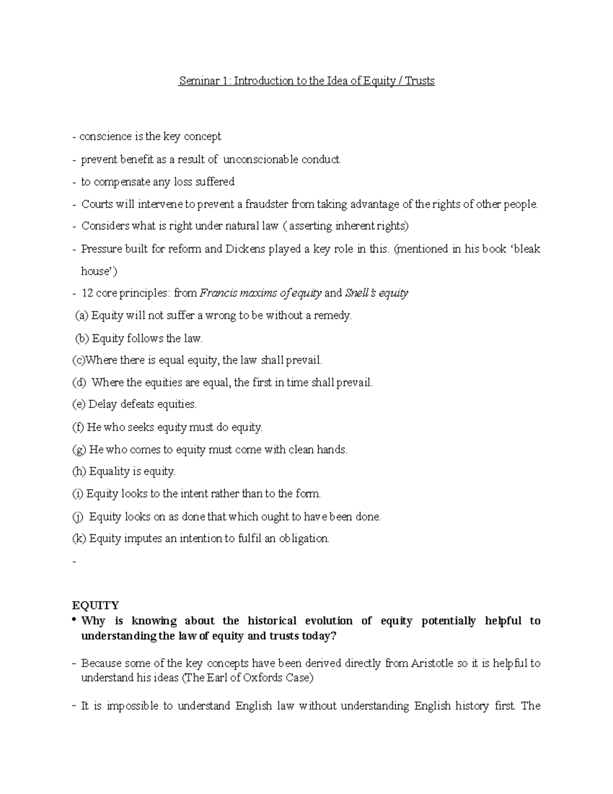 Equity and Trusts Seminar 1: Key Concepts and Historical Insights - Studocu