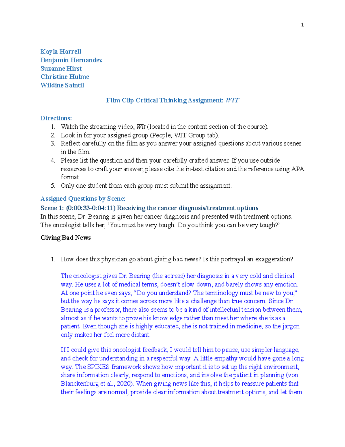 Critical Thinking Assignment: Analyzing "Wit" for MSN Students - Studocu