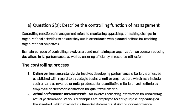 Management 101: Controlling Function Explained (Q2) - Studocu