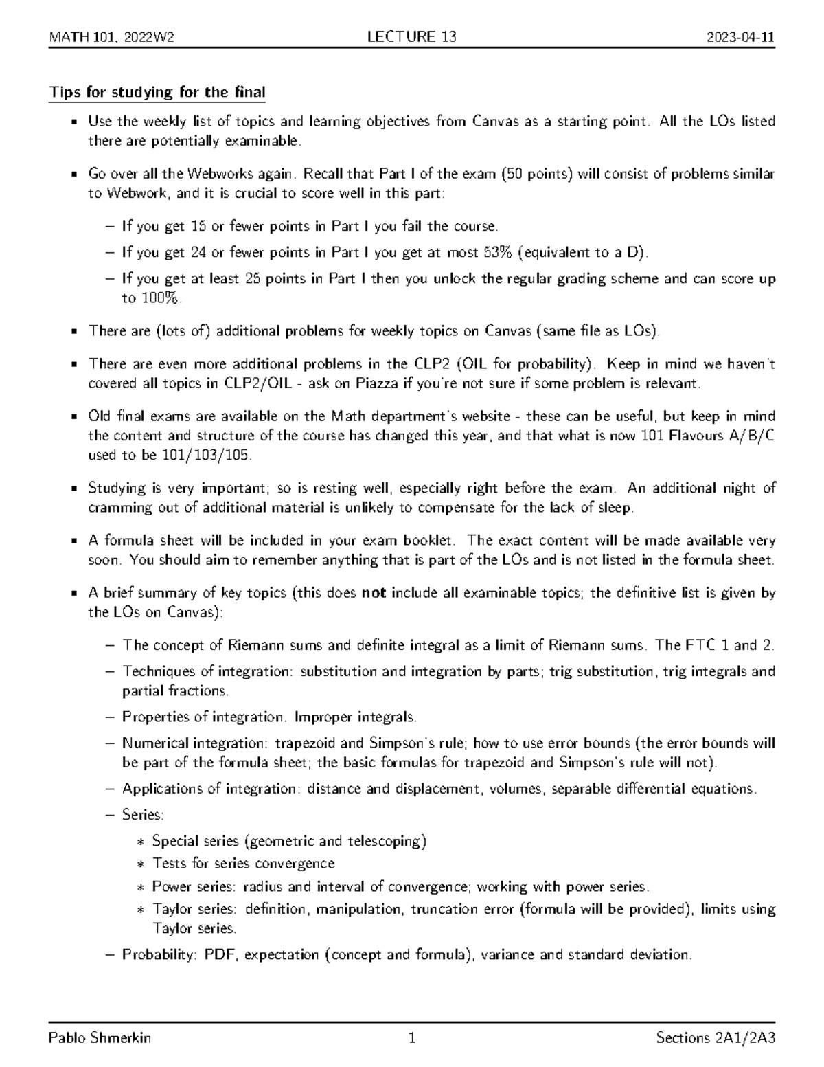 Math101 Final Exam Study Notes: Key Topics and Tips - Studocu