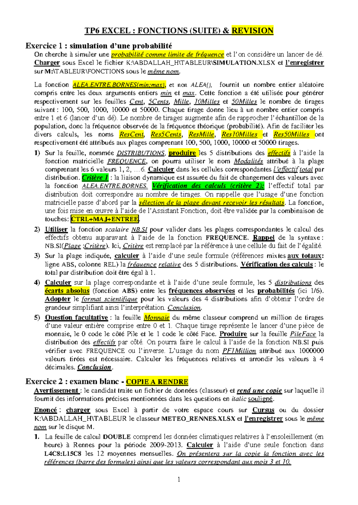 TP6 EXCEL : FONCTIONS (SUITE) - SIMULATION DE PROBABILITÉ - Studocu