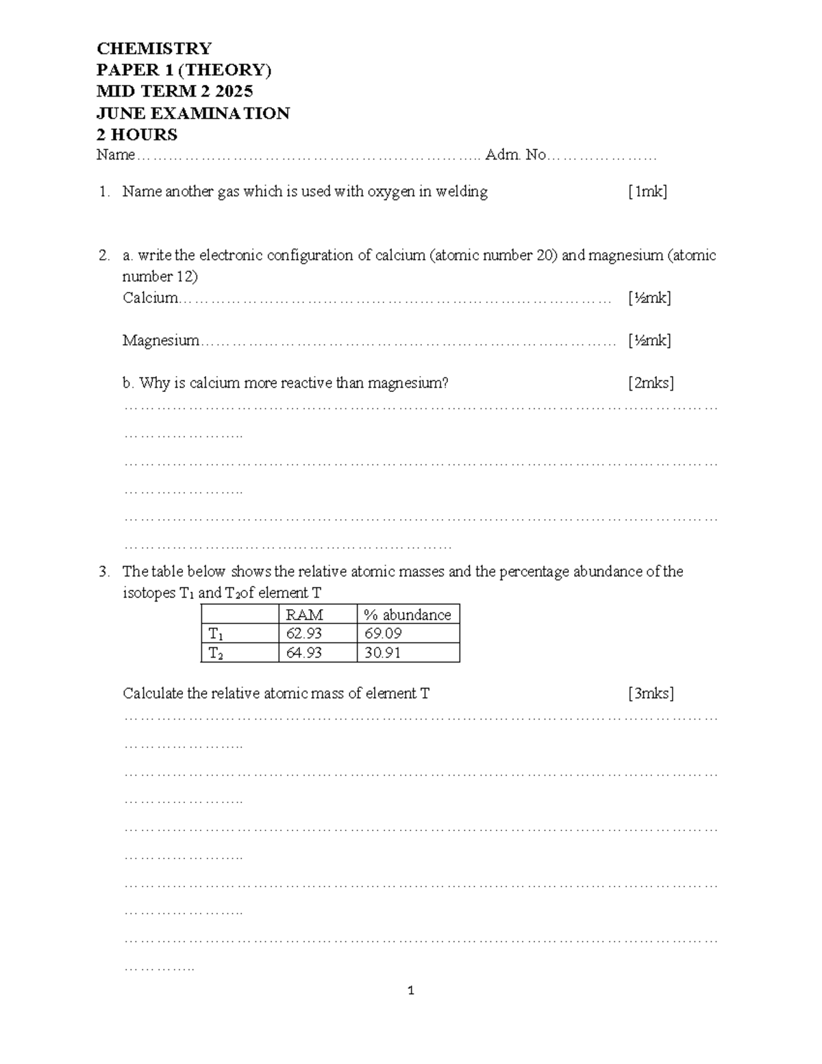 CHEMISTRY 2025 MIDTERM 2 PAPER 1 THEORY QUESTIONS AND ANSWERS - Studocu