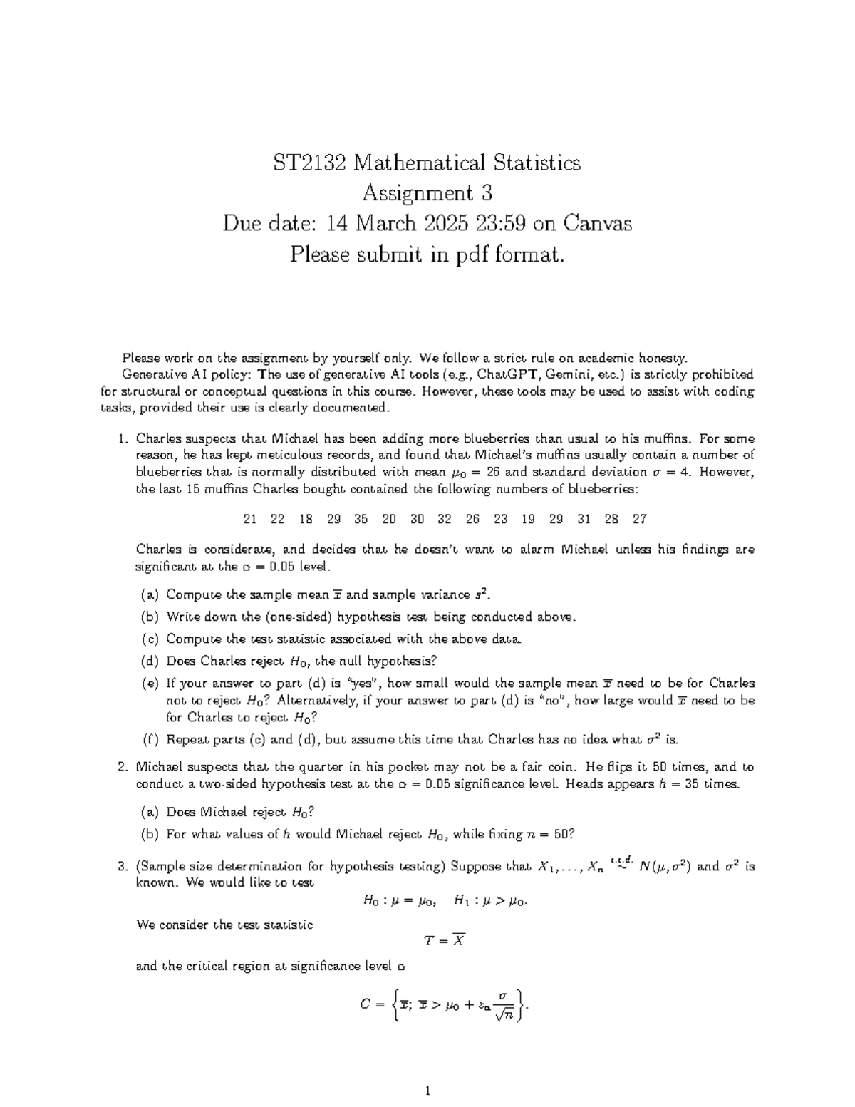 ST2132 Mathematical Statistics Assignment 3: Hypothesis Testing ...
