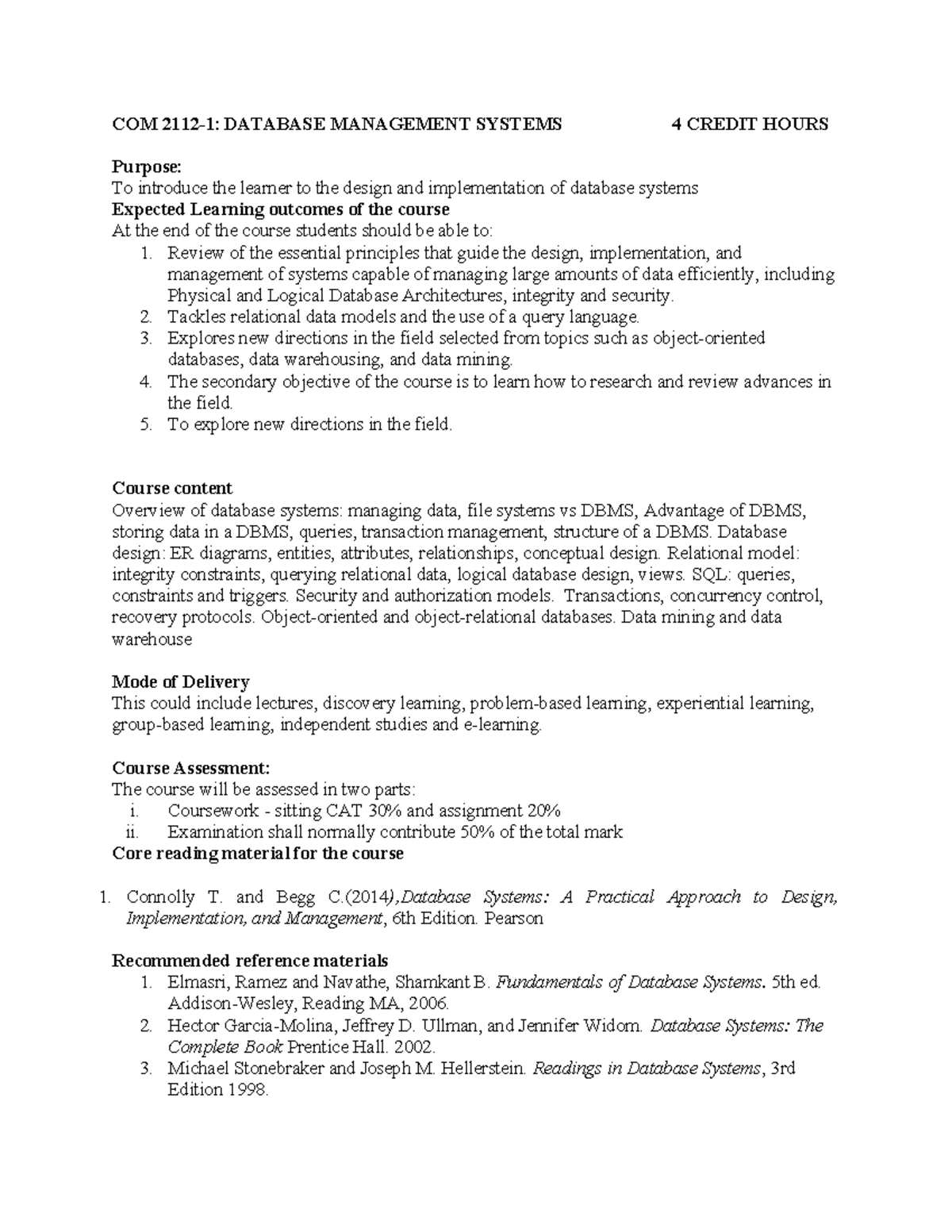 COM 2112-1 Database Management Systems - Course Outline & Content - Studocu