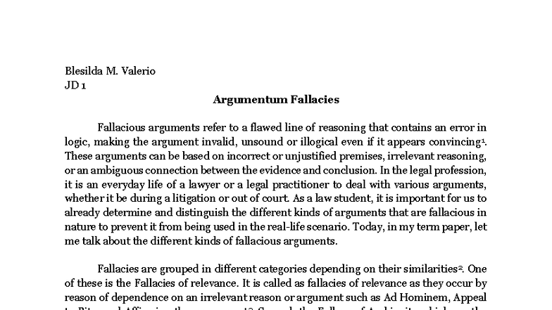 JD 1 Term Paper: Understanding Argumentum Fallacies in Law - Studocu