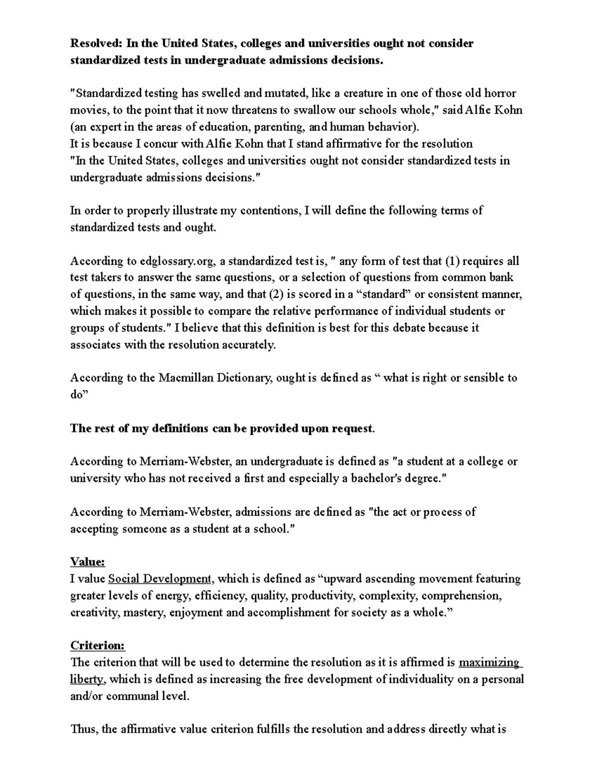 Affirmative Debate Notes: Against Standardized Testing in Admissions ...