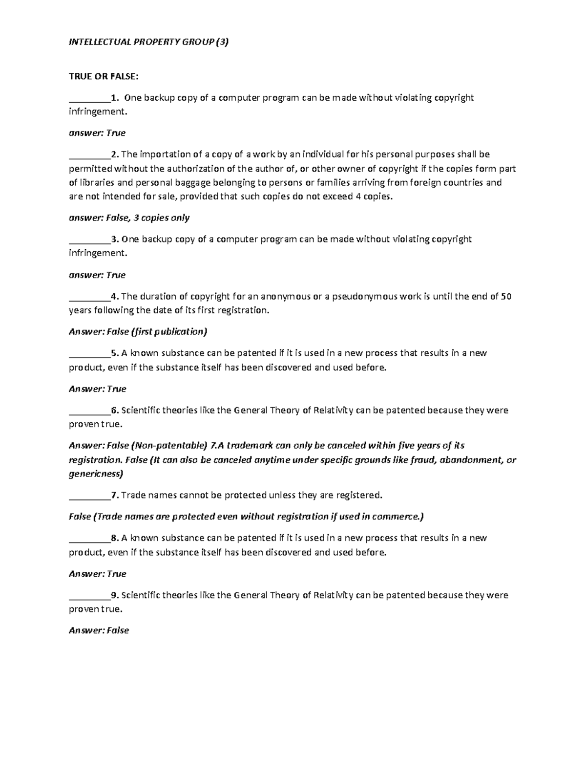 INTELLECTUAL PROPERTY GROUP (3) TRUE OR FALSE EXAM REVIEW - Studocu