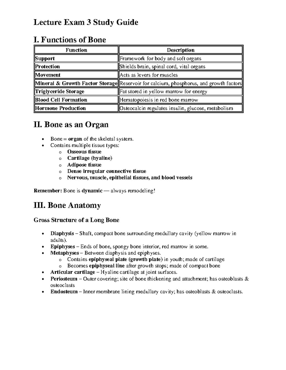 Lecture Exam 3 Study Guide: Functions and Anatomy of Bone - Studocu
