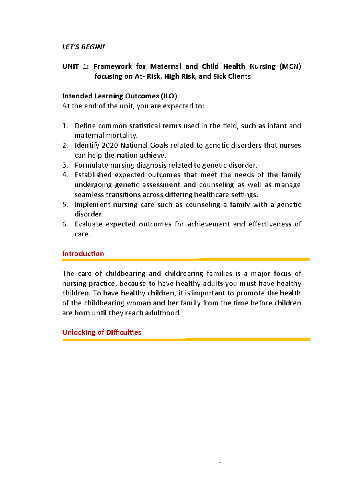 MCN 101: Framework for Maternal and Child Health Nursing - Unit 1 ...