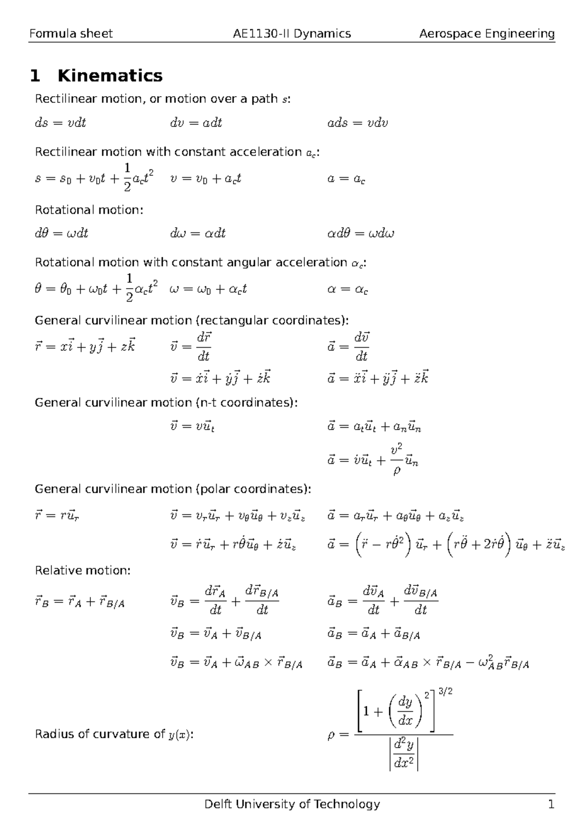AE1130-II Dynamics Formula Sheet for Aerospace Engineering - Studeersnel