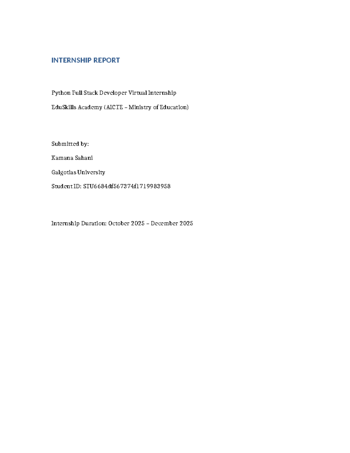Internship Report: Python Full Stack Developer (EduSkills) - Studocu