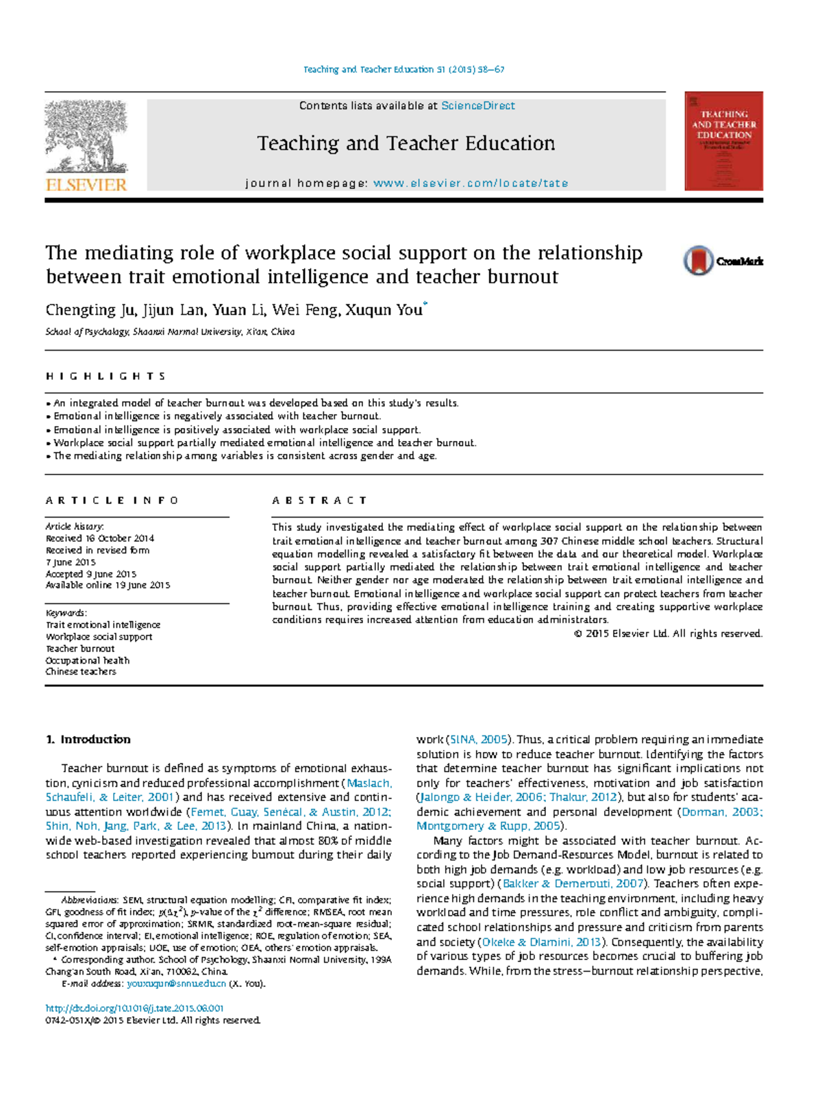The Mediating Role of Workplace Social Support in Teacher Burnout ...