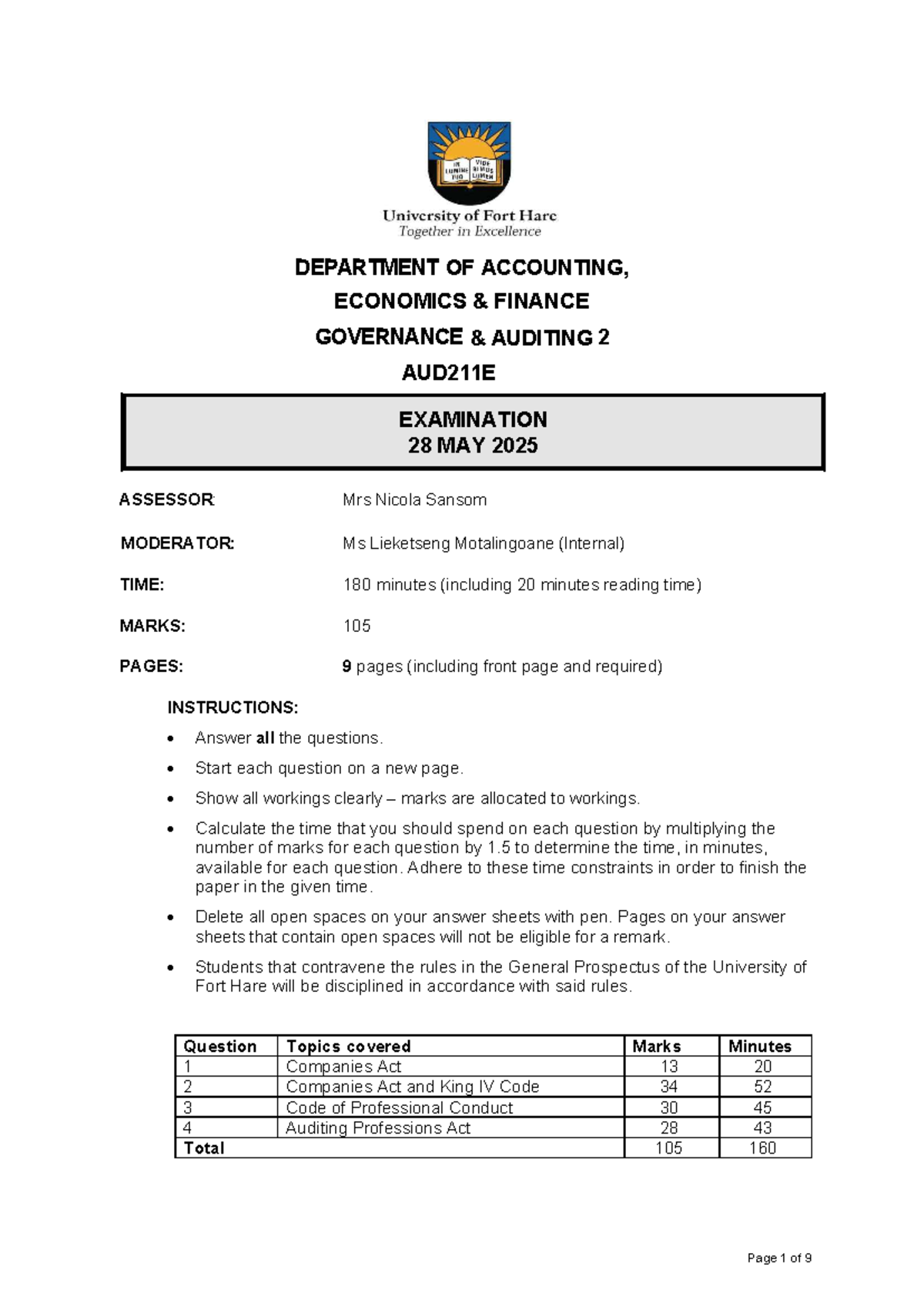 20250528 - AUD211E - Final Exam on Governance & Auditing - Studocu