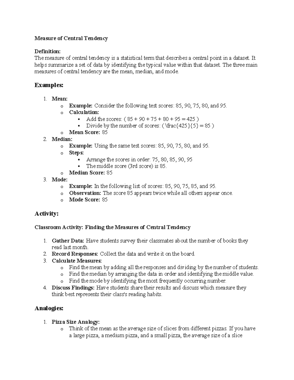 Measure of Central Tendency: Definition & Examples - Studocu