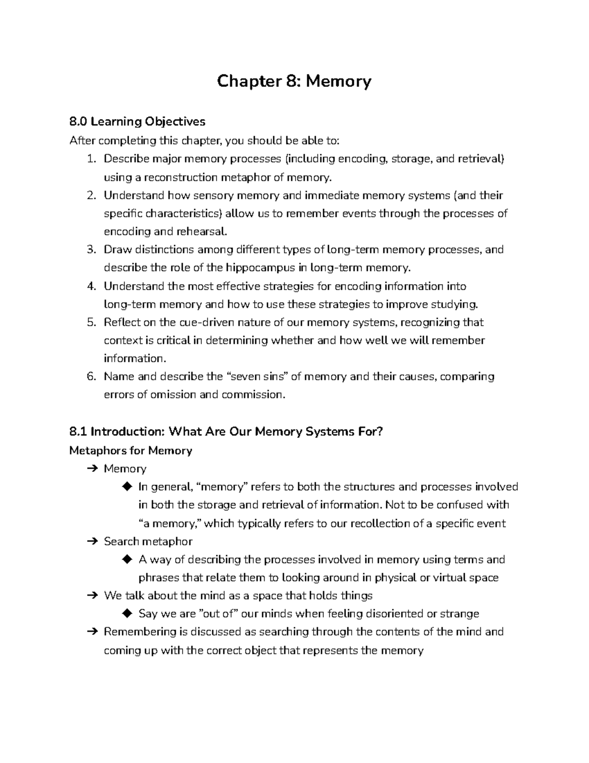 PSY 1101 Chapter 8: Memory Processes and Functions Overview - Studocu