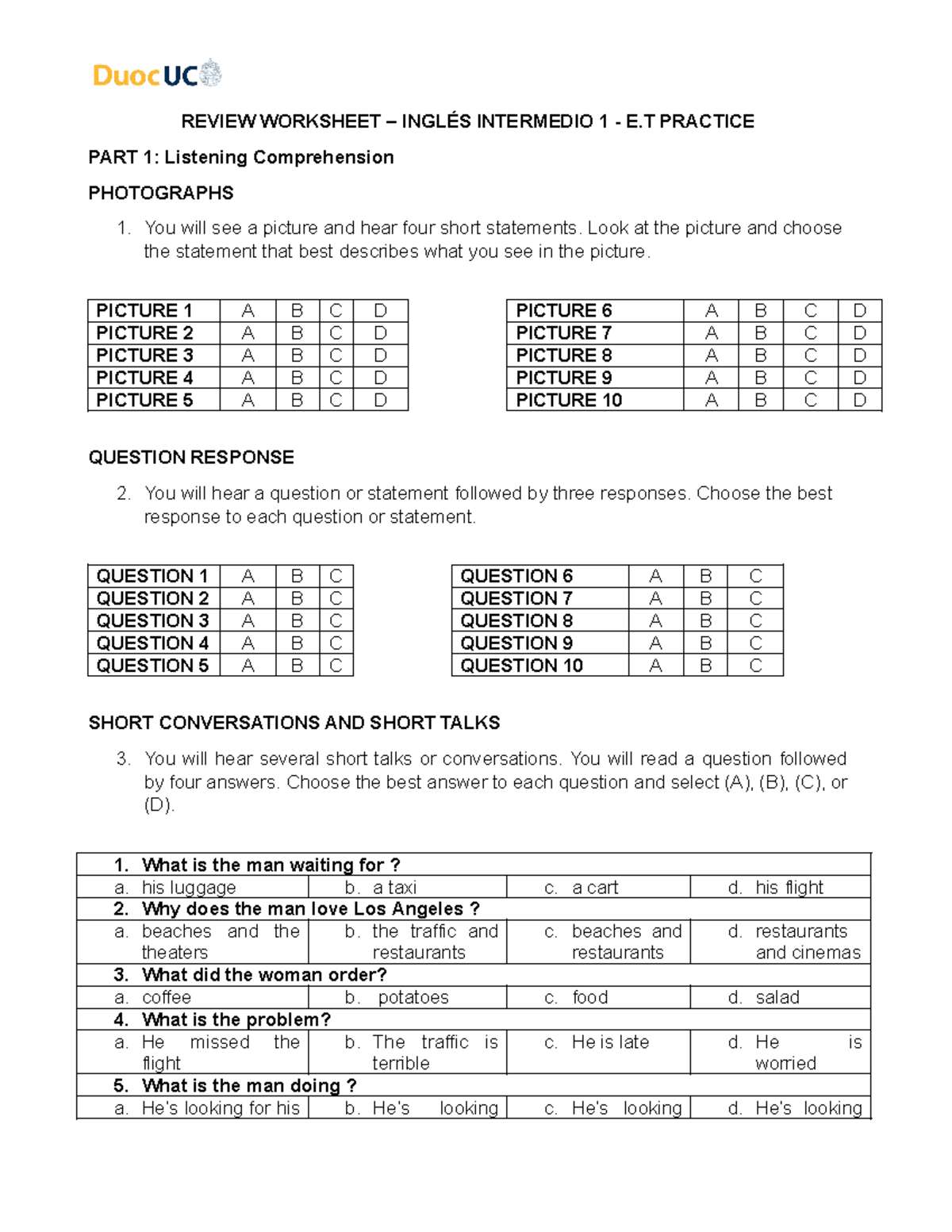 E.T Practice Review Worksheet - INU5101 - Listening & Reading - Studocu