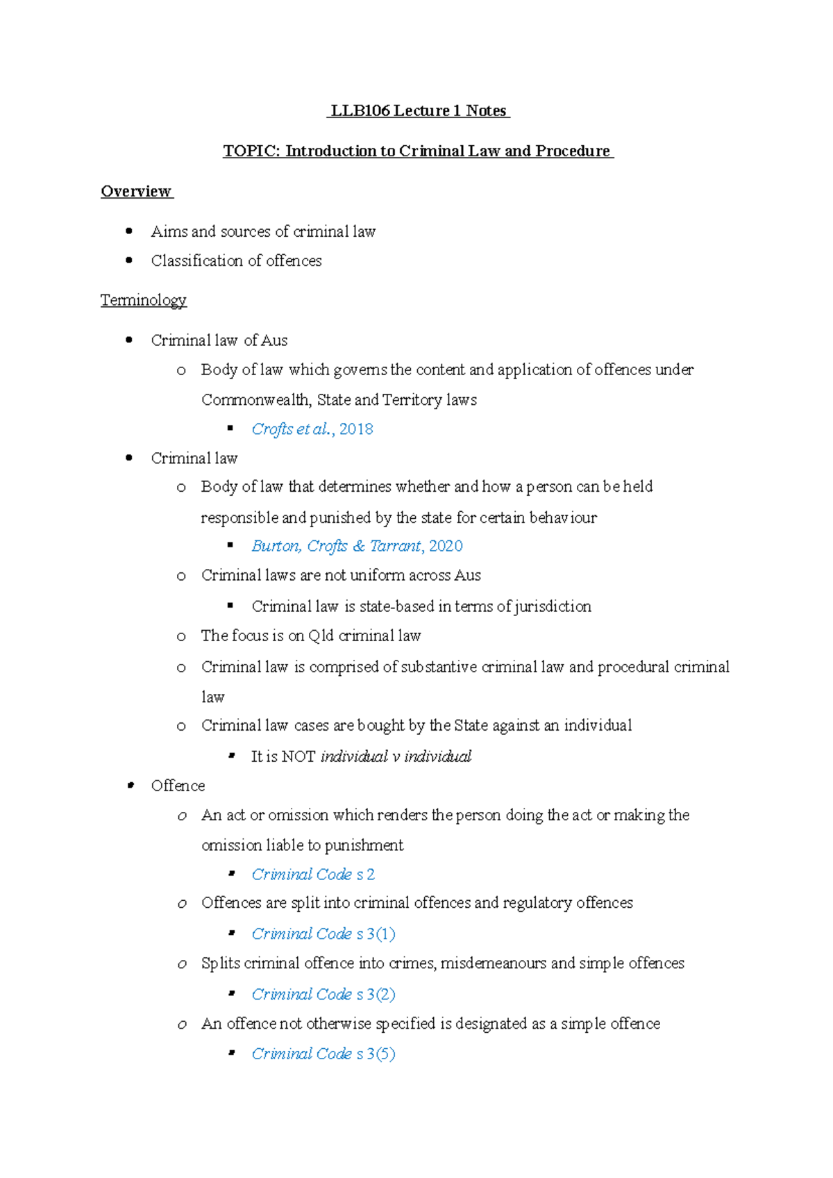 LLB106 Lecture 1 Notes: Intro to Criminal Law & Procedure Overview ...