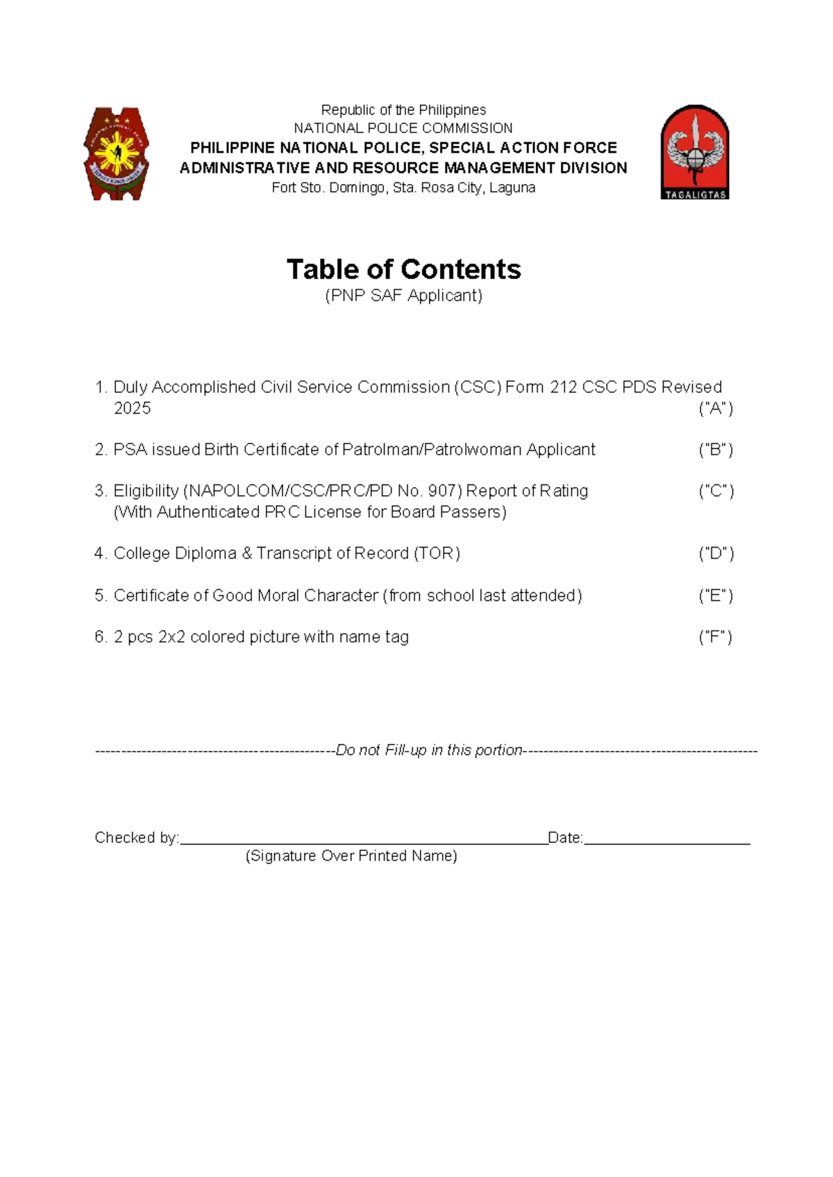 PNP SAF Initial Requirements Table of Contents CY 2025 - Studocu