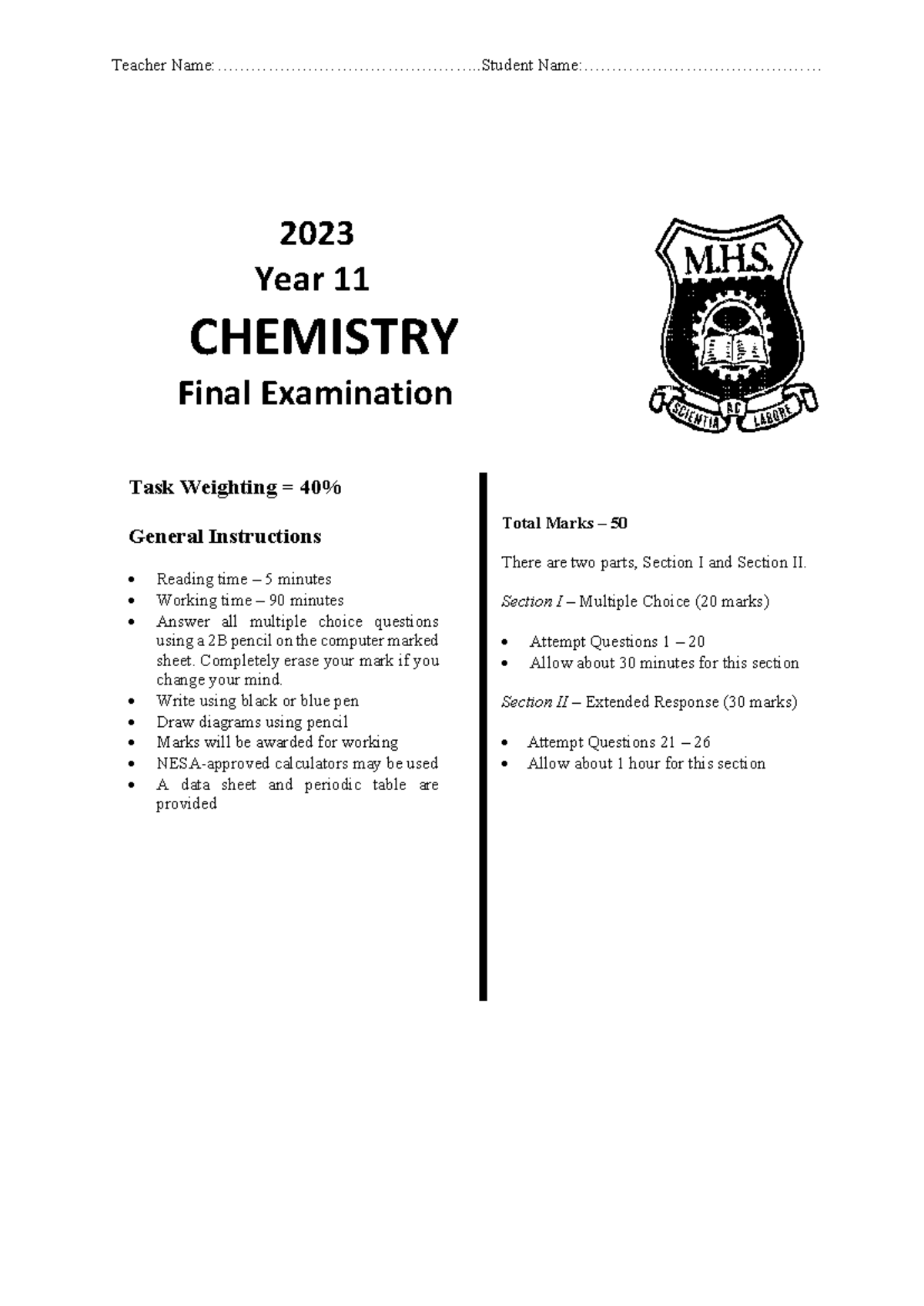 2023 Year 11 CHEMISTRY Final Exam Paper and Instructions - Studocu