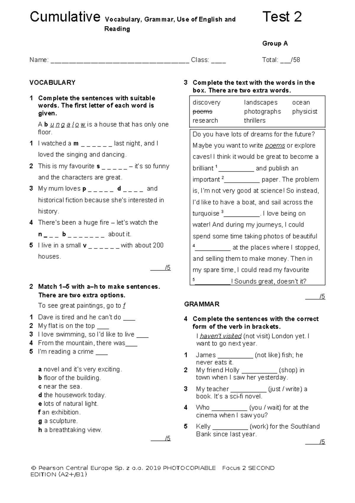 Focus 2 2ed Cumulative Test 2: Vocabulary, Grammar, and Reading Skills ...
