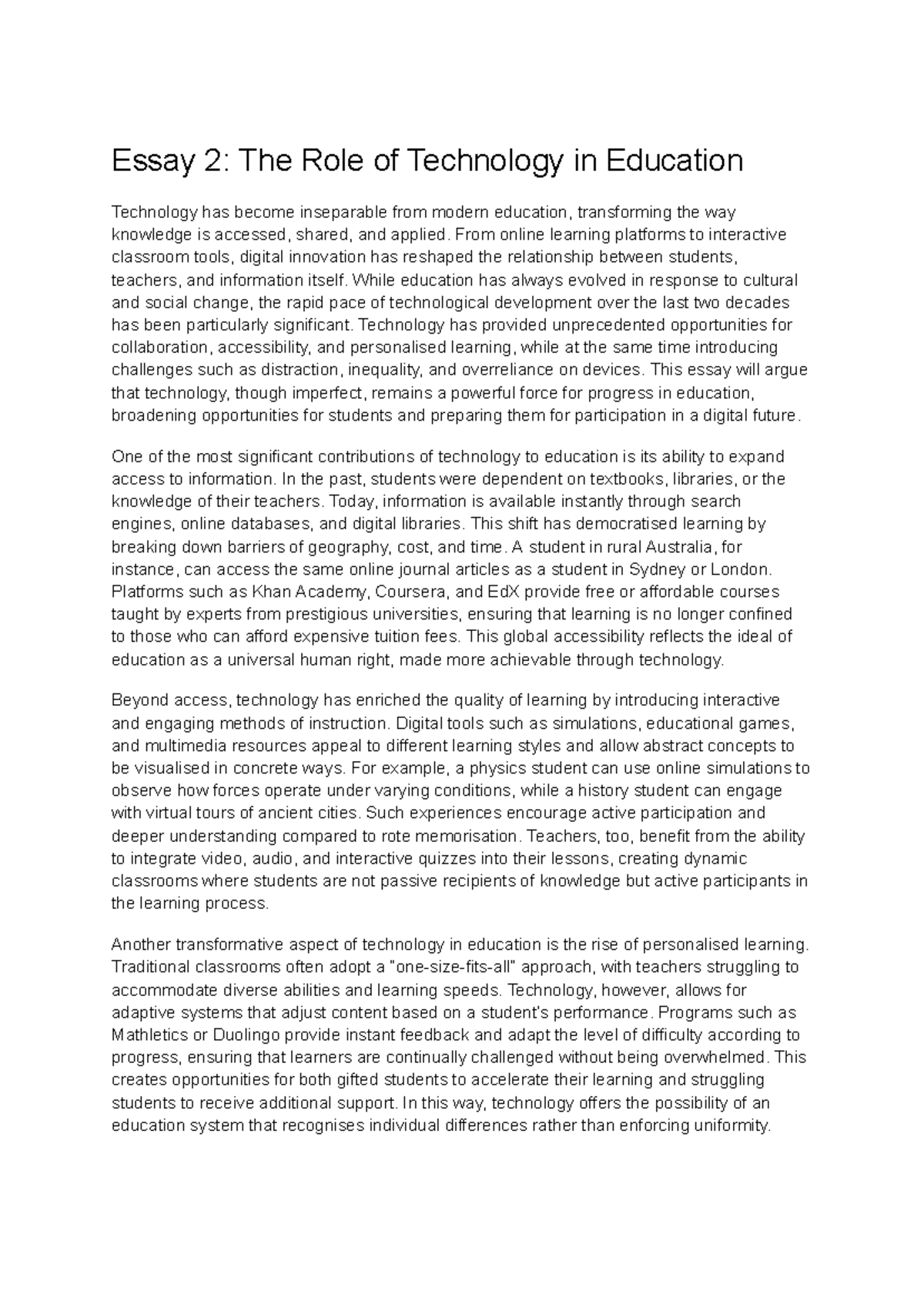 Essay 2: The Impact of Technology on Modern Education - Studocu