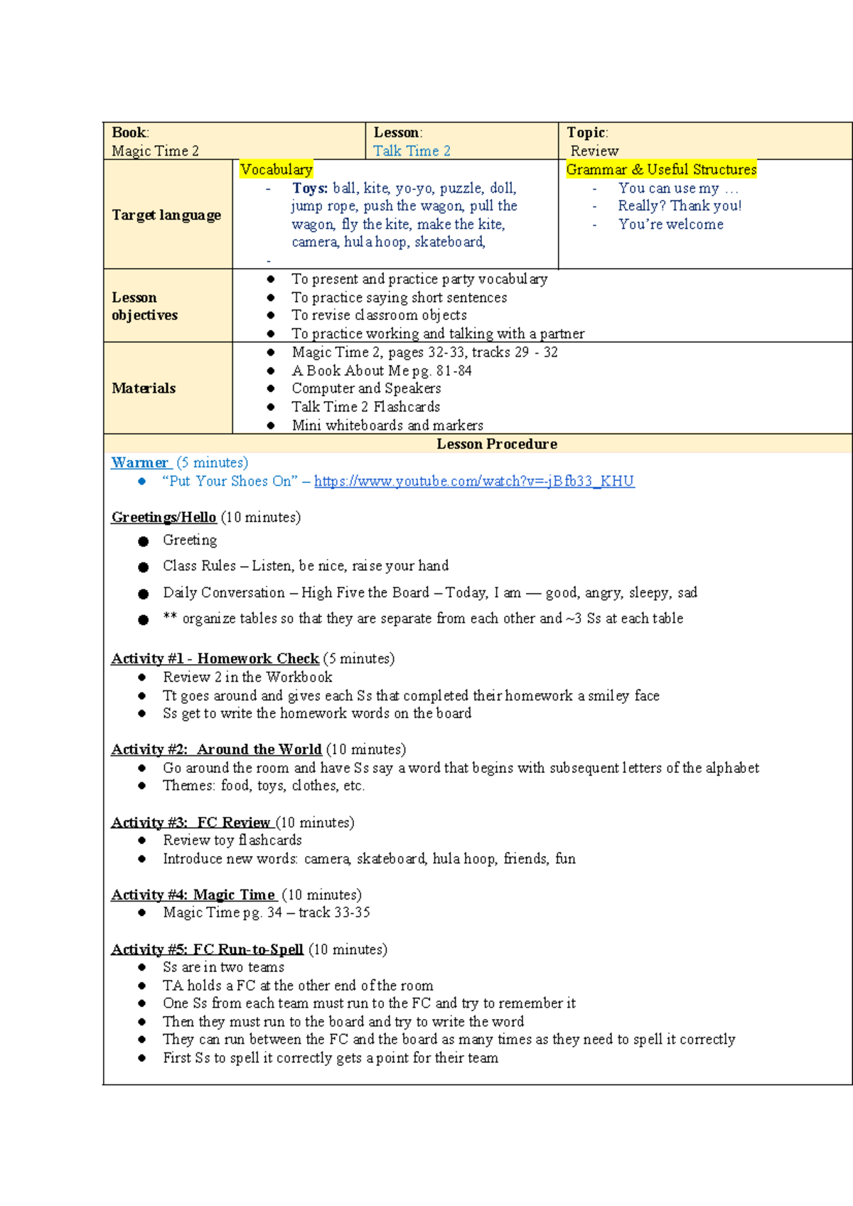 Magic Time 2: Lesson Review & Grammar Structures - Talk Time 2 - Studocu