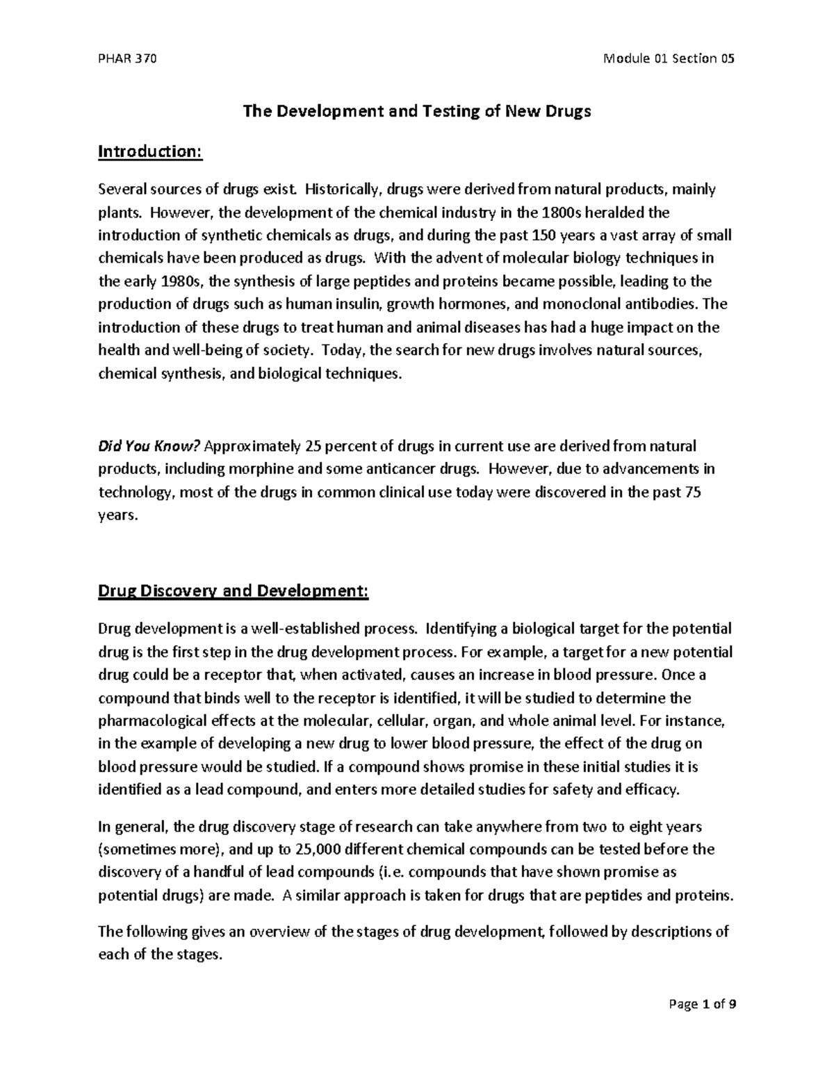 Module 01 Section 05 Drug Development & Testing Overview - Studocu