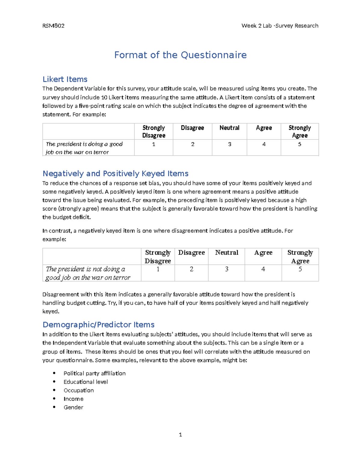 RSM802 Week 2 Lab - Questionnaire Format & Likert Items Guide - Studocu