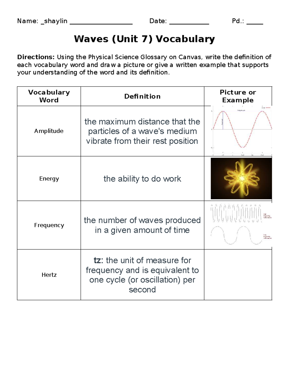 Waves (Unit 7) Vocabulary-b03818-9cc272 - Name: _shaylin ...