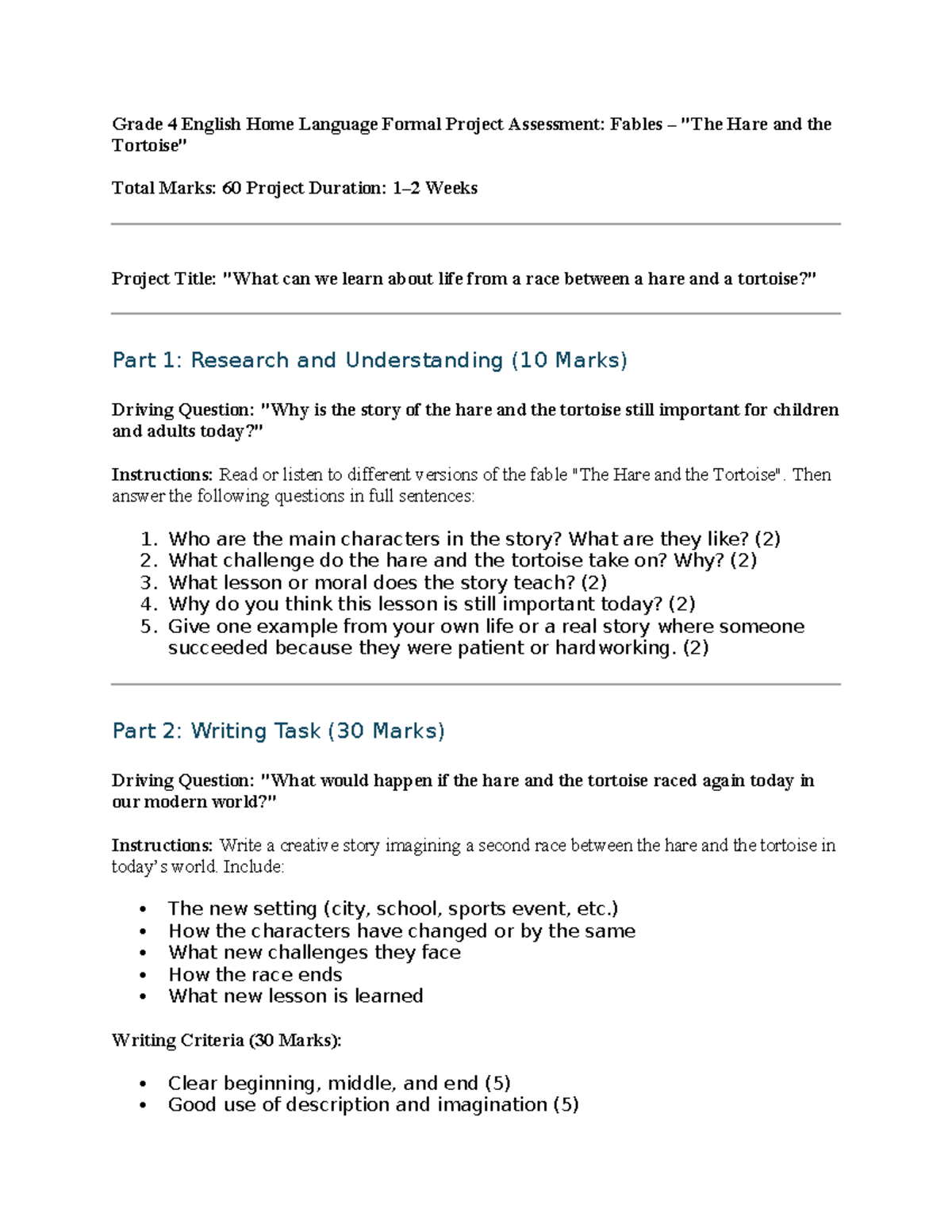 Grade 4 English Project: Fables - The Hare and the Tortoise Assessment ...