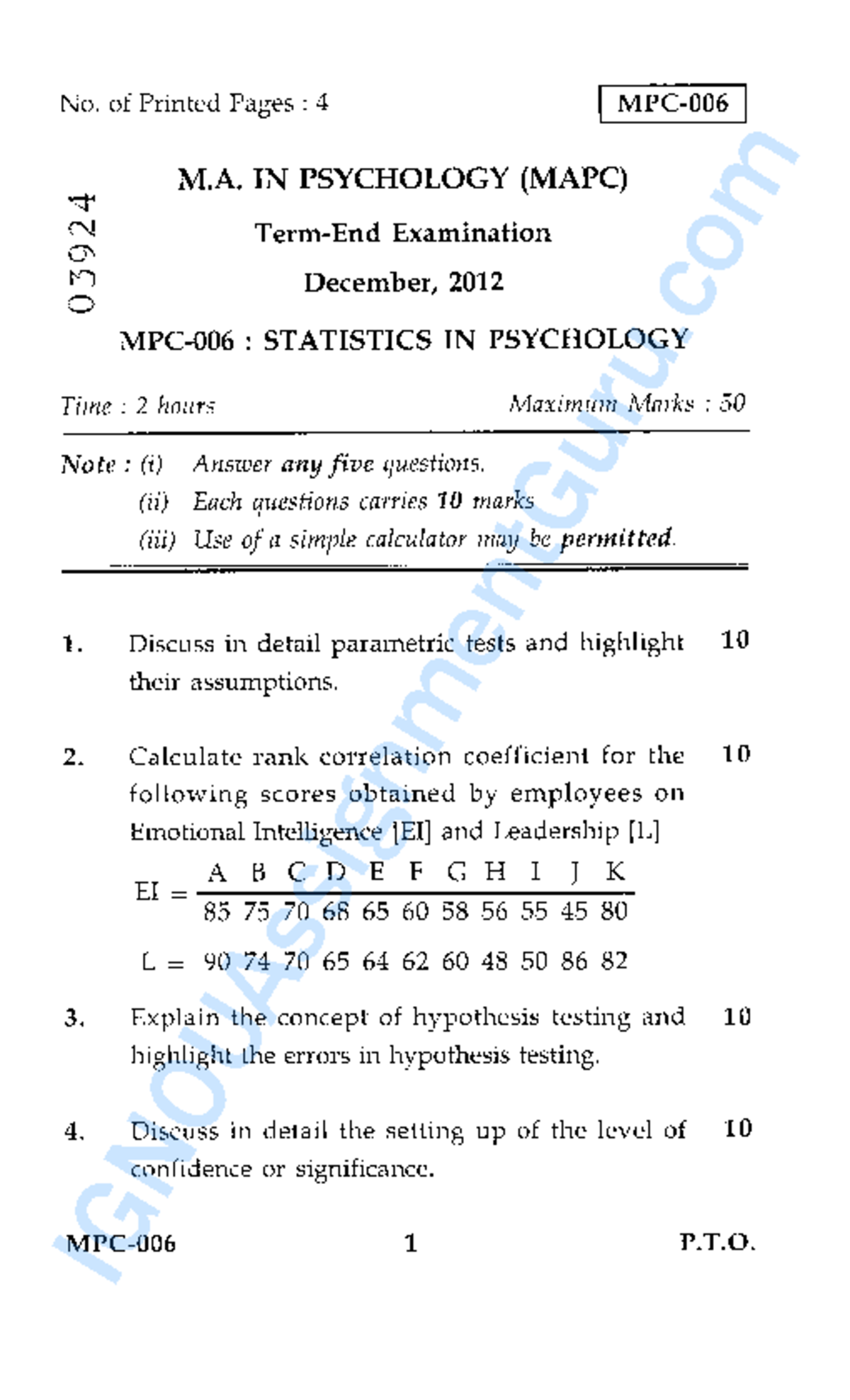 MPC-006 Final Exam December 2012: Statistics in Psychology - Studocu