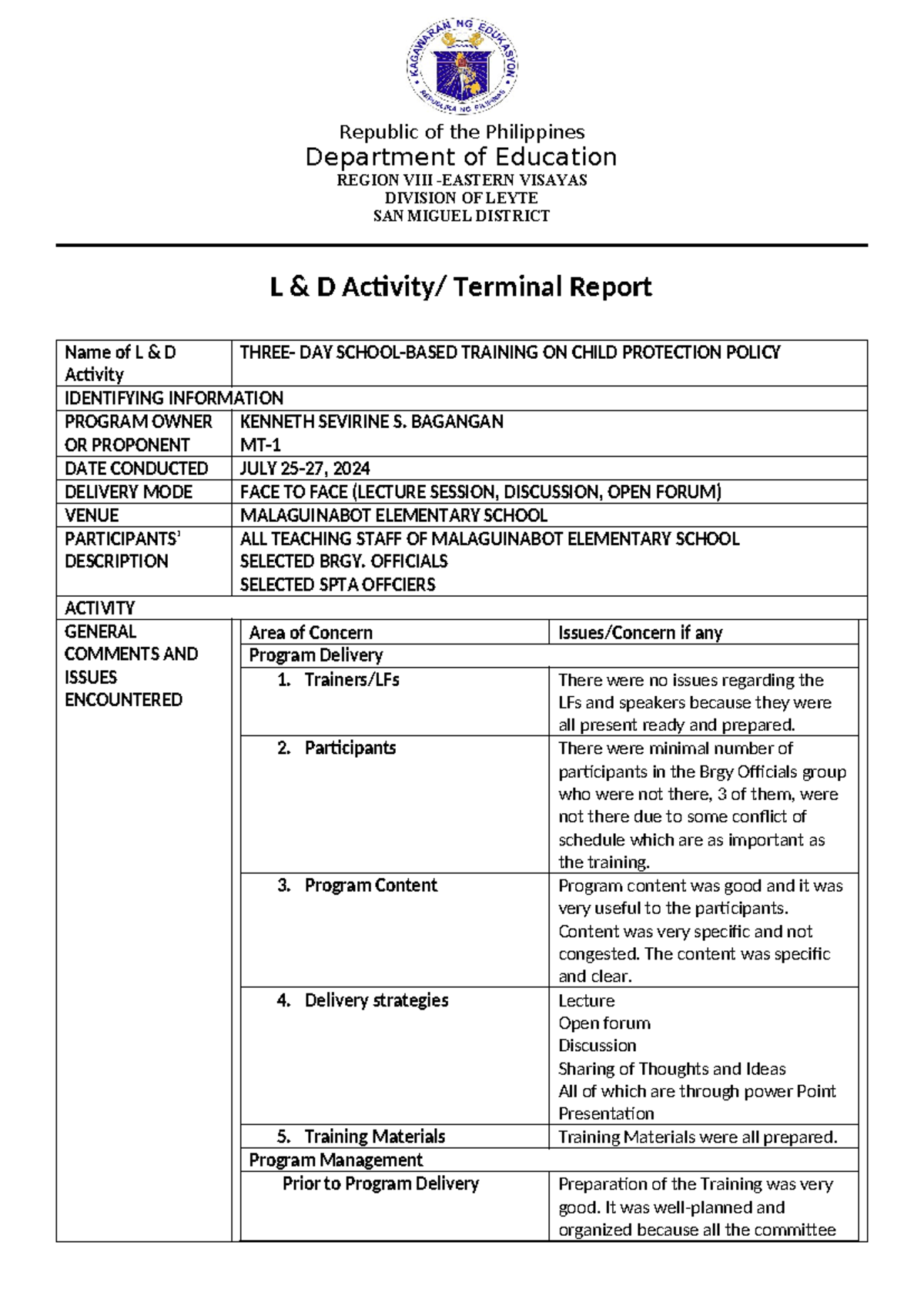 ACR ON Child Protection Policy Training Report (L&D Activity) - Studocu
