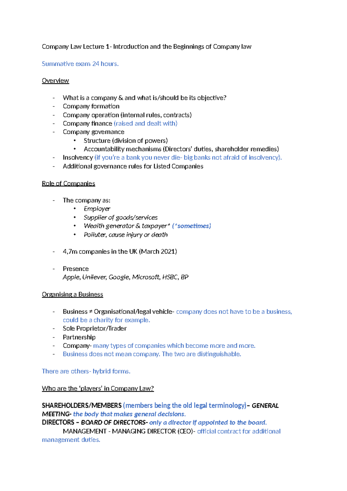 Company Law Lecture 1: Introductory Concepts and Fundamentals - Studocu