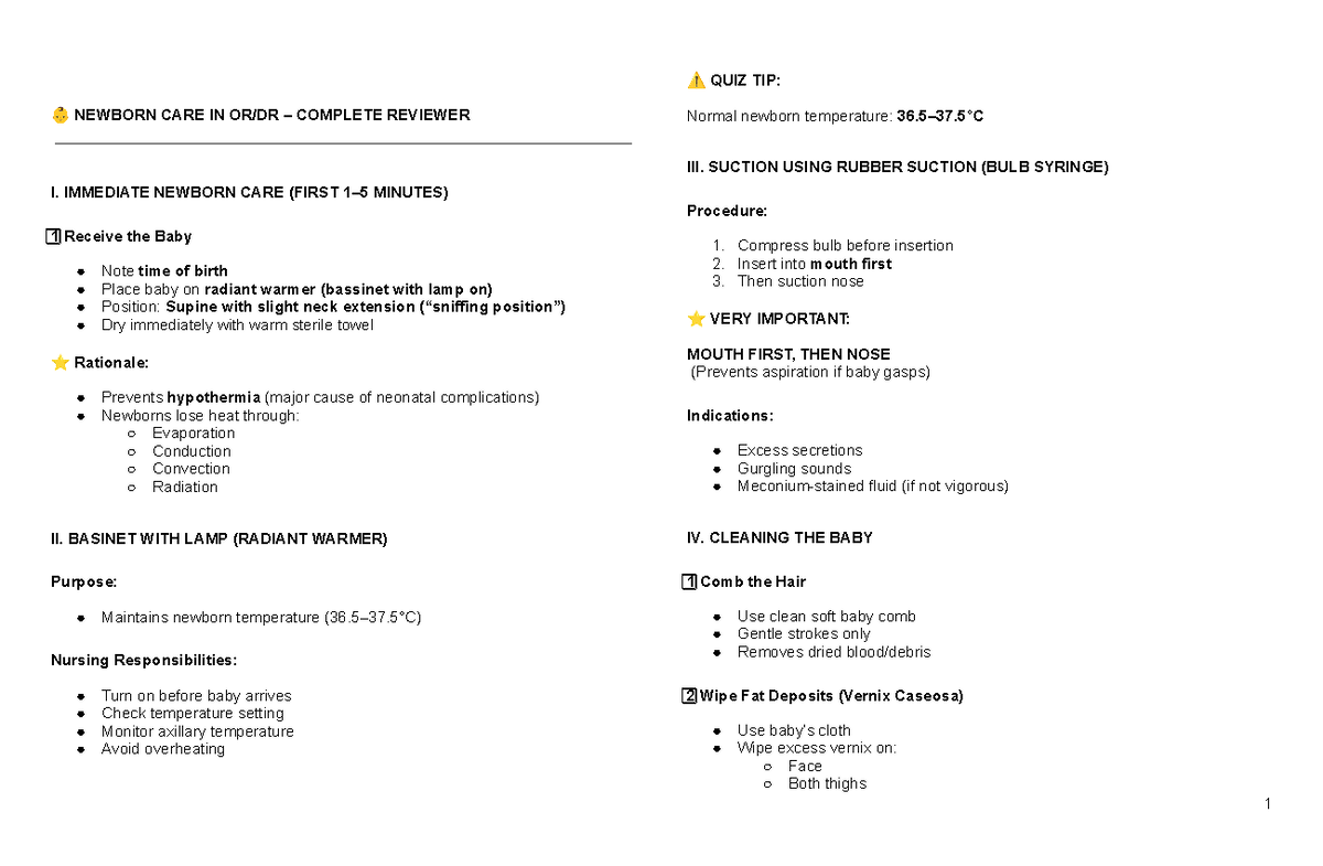 OB 4th Year - Newborn Care Complete Reviewer Quiz Tips - Studocu