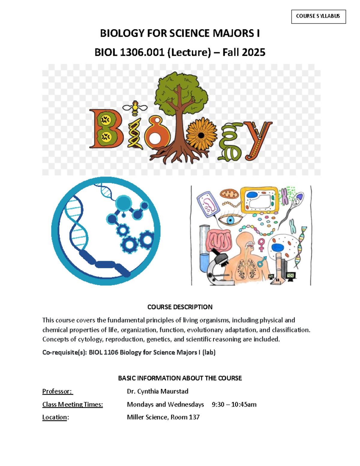 BIOL 1306.001 Syllabus: Biology for Science Majors I (Lecture) Fall ...