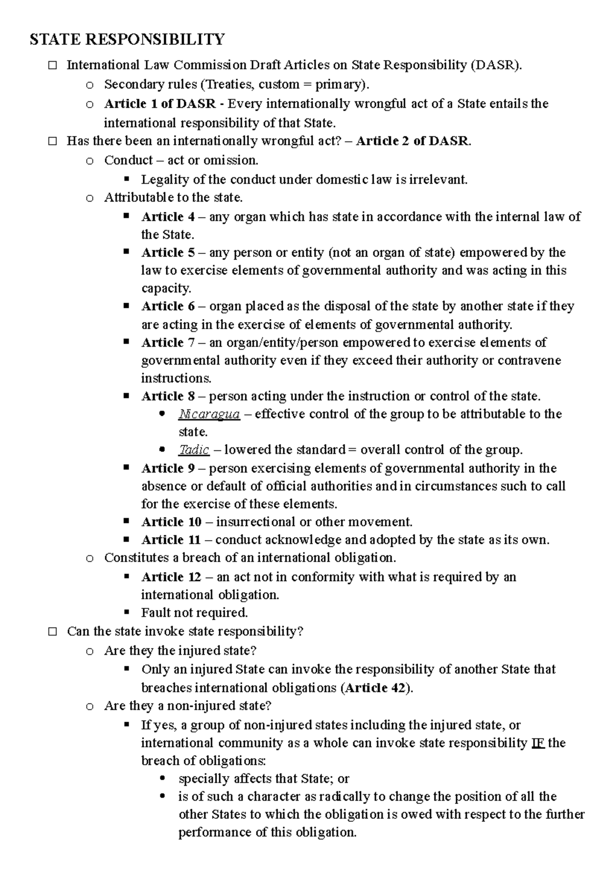 Exam Notes on State Responsibility in International Law (INTL 101 ...