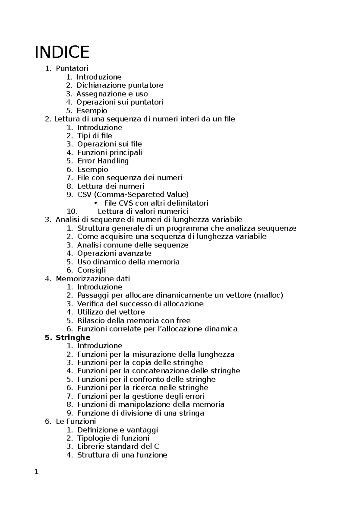 Indice: Fondamenti della Programmazione in C - Puntatori, File e Memoria - Document Preview