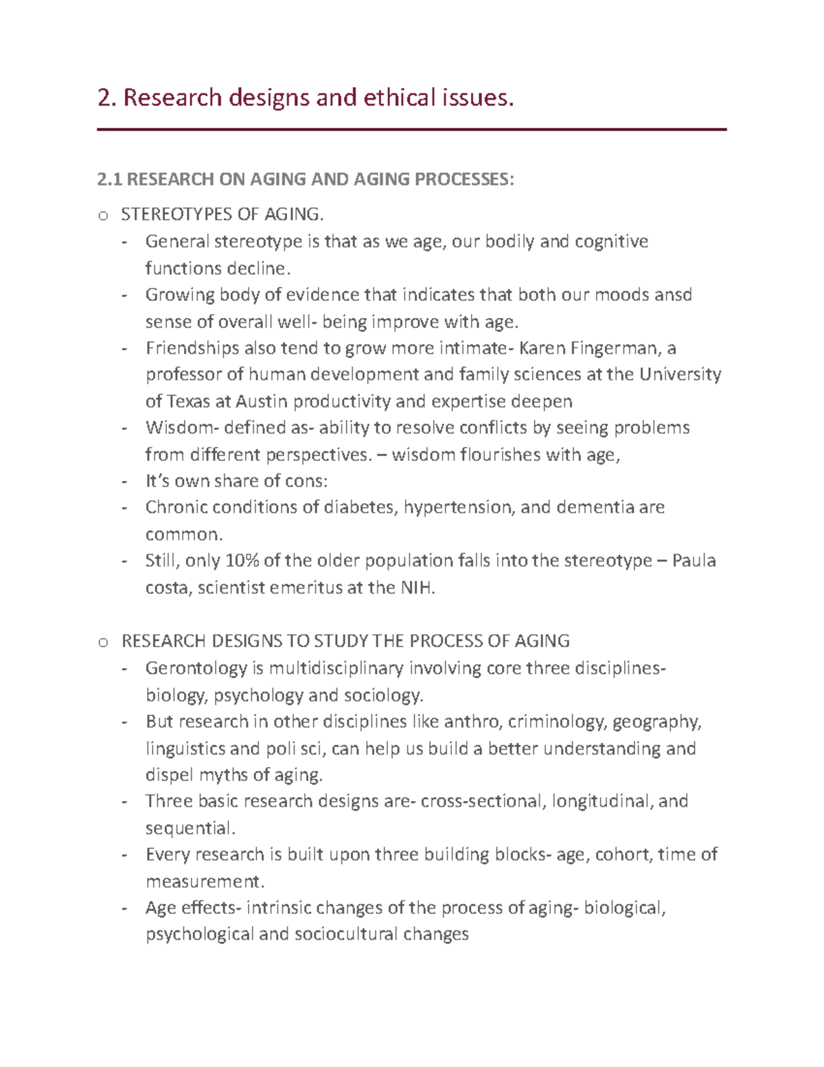 CH2 notes - 2. Research designs and ethical issues. 2 RESEARCH ON AGING ...